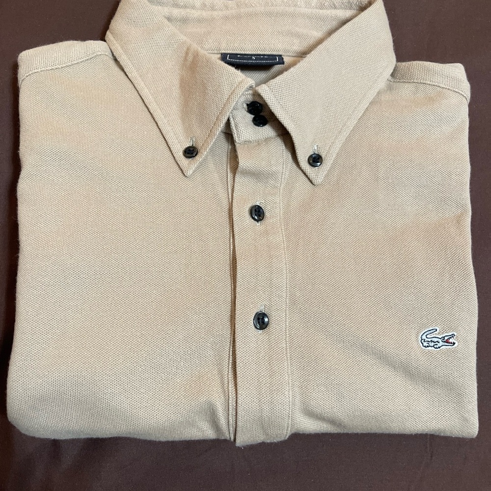 Men’s Lacoste, short sleeve polo shirt, black label size 5 European khaki color